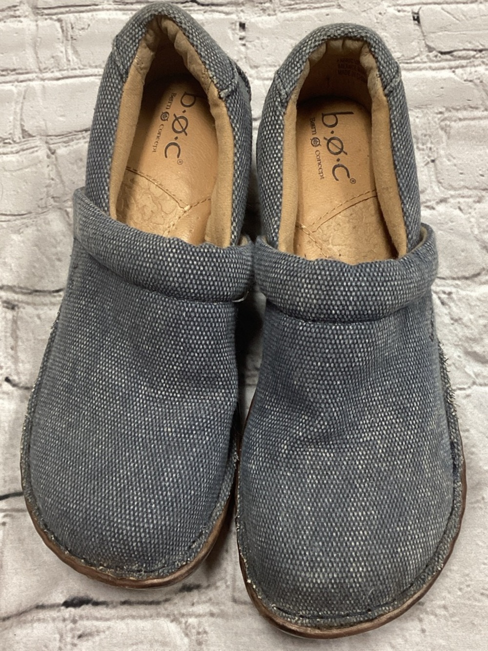 b.o.c. Gray Canvas Slip-On Clogs with Wooden-Look Sole